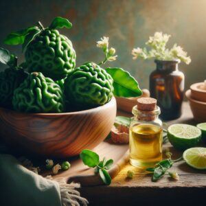 Bergamot with Bottle of Essential Oil