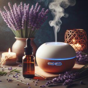 Diffuser, Bottle of Essential Oil, and Lavender