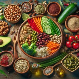 Grains, legumes, nuts, produce