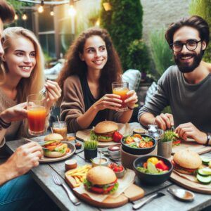 Friends enjoying a plant based meal